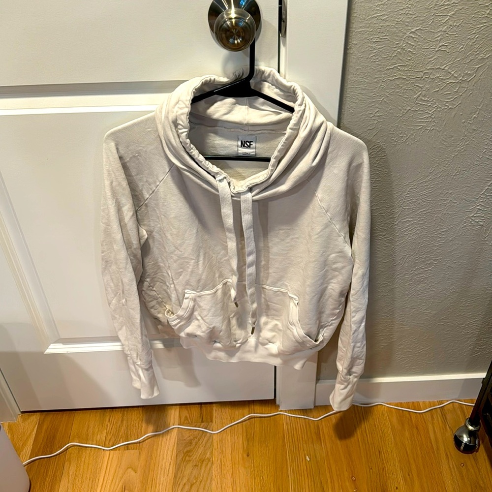 NSF white hoodie/cowl neck sweatshirt.